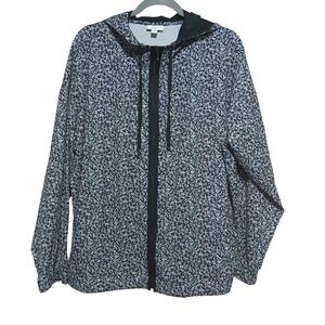 J. Jill Fit Women XL Floral Ful Zip Hooded Jacket Black White Activewear Pockets